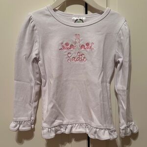 “Sadie” White Long Sleeve Kids Top with Pink Easter Bunny Embroidery